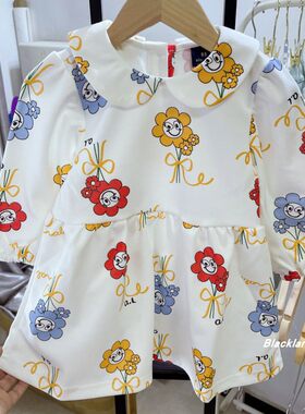 满印太阳花连衣裙翻领泡泡袖裙子