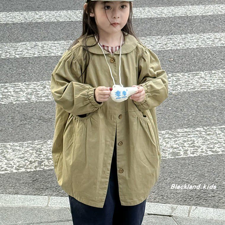 女童卡其风衣 春秋童装 儿童中长款娃娃衫单排扣挂里可爱灯笼外套