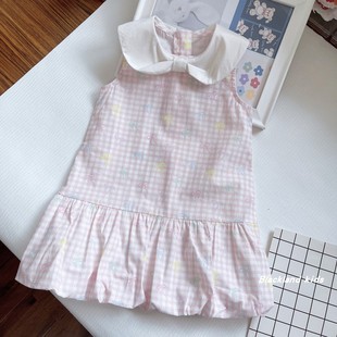 粉格背心裙夏款 女童純棉布綢布領公主連衣裙兒童寶寶A字裙子 童裝