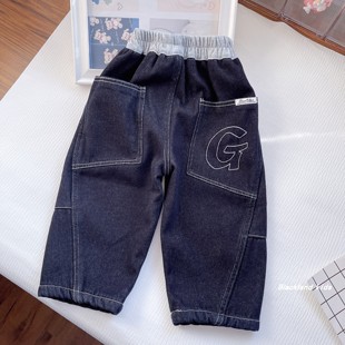 160码 儿童女宝宝一体绒保暖保暖裤 冬款 男童加绒牛仔裤 子 童装