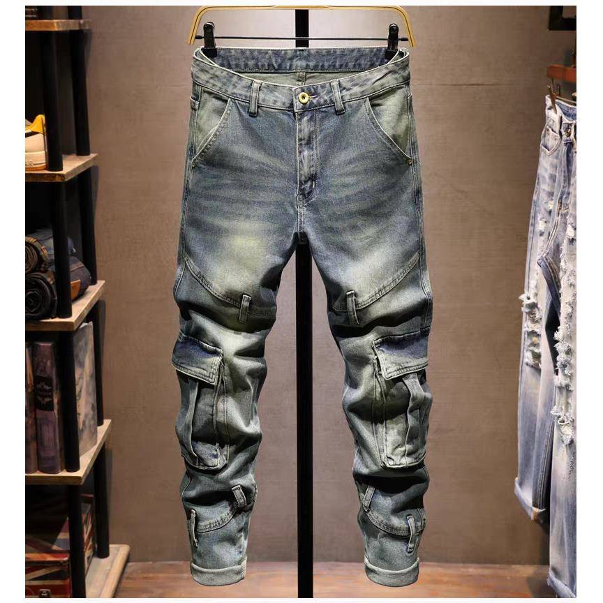 潮牌高端美式高街牛仔裤男秋冬弹力工装多口袋水洗复古修身小脚裤