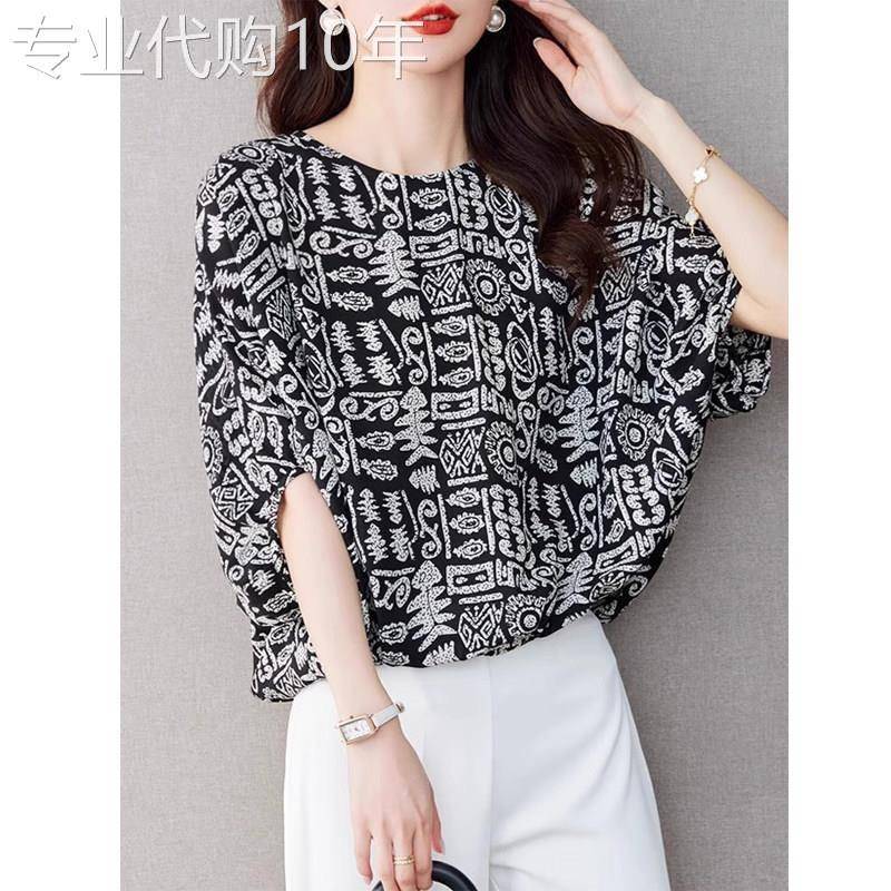 蝙蝠袖雪纺衫女夏季短袖2026新款设计感小众印花宽松显瘦圆领上衣