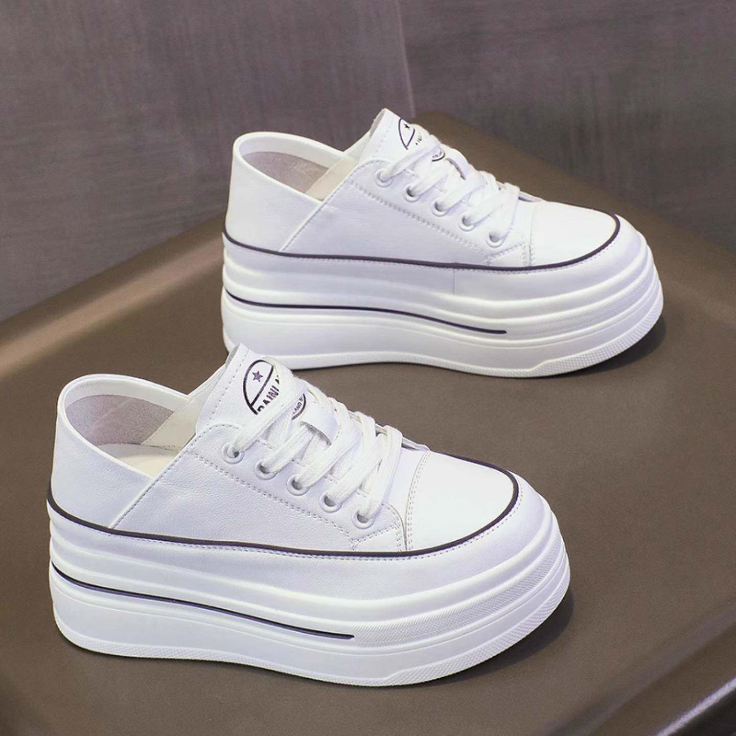 香港小个子内增高女鞋8cm真皮两穿2025夏季厚底松糕鞋小白鞋女潮