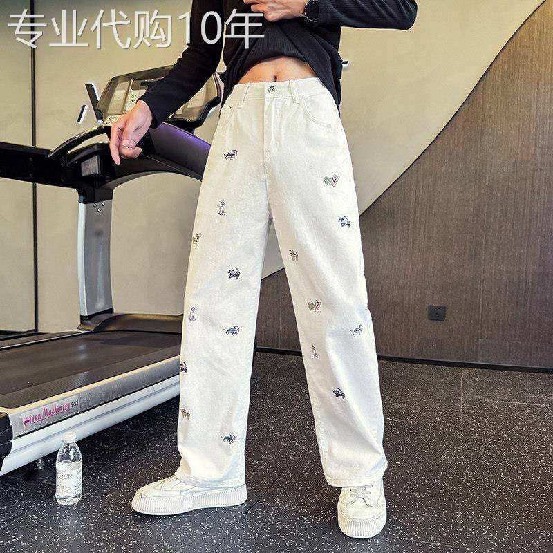 白色直筒牛仔裤男款春秋季潮流痞帅高级感宽松阔腿裤刺绣高街裤子