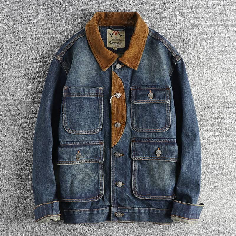 代购灯芯绒拼接覆古潮流牛仔夹克男全棉水洗做旧欧美百搭外套衫