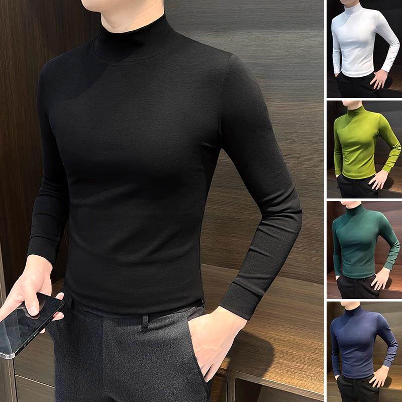 半高领打底衫男士秋冬季黑色高级感内搭t恤时尚修身保暖中领上衣