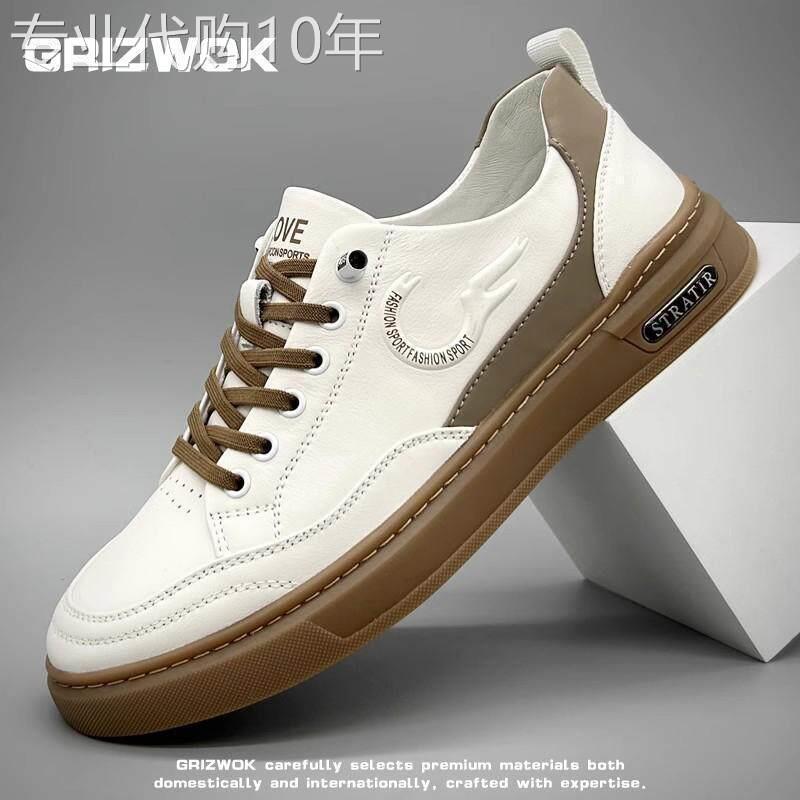 GRIZWOK男士休闲板鞋子头层牛皮透气一脚蹬英伦男夏季真皮小白鞋