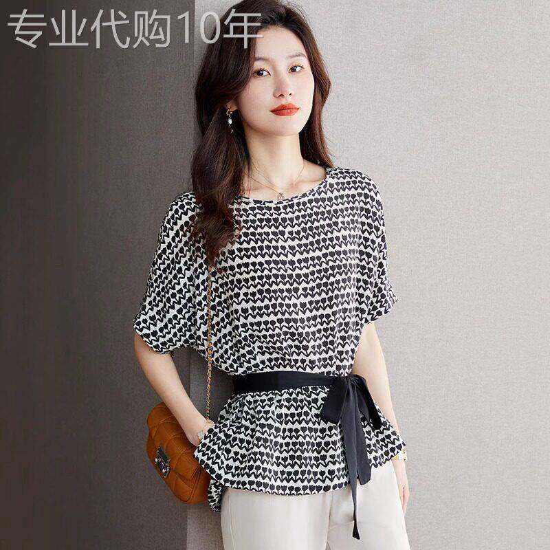 蝙蝠袖雪纺衬衫女夏季薄2026新款设计感印花收腰显瘦系带短袖上衣
