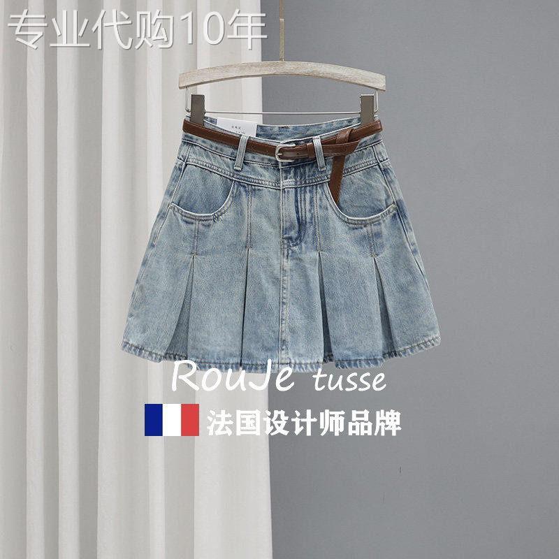 Rouje tusse夏季牛仔裙女高腰褶皱半身裙宽松显瘦防走光a字短裙