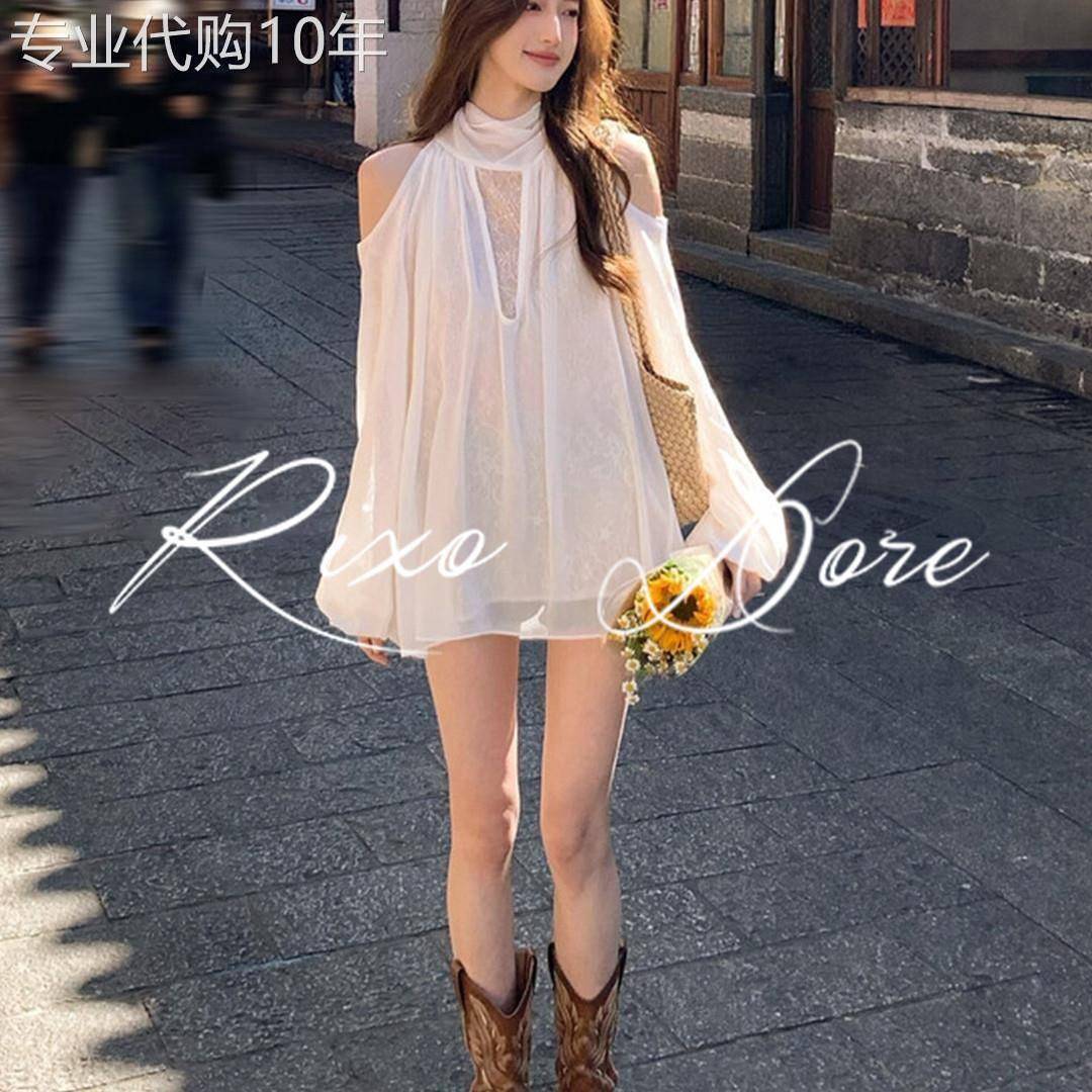 RIXO DORE法式新款白色蕾丝衫露肩长袖衬衫女温柔风显瘦防晒外套