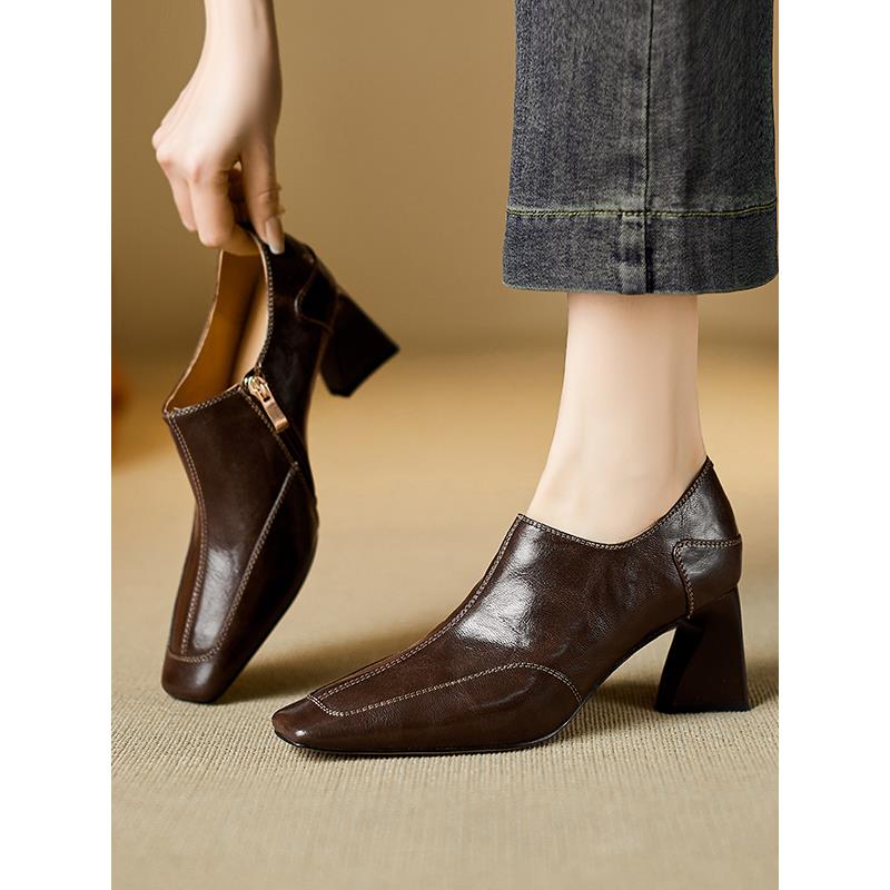 A.D Hepburn~英伦乐福小皮鞋女2025新款覆古高跟深口单鞋及踝靴女