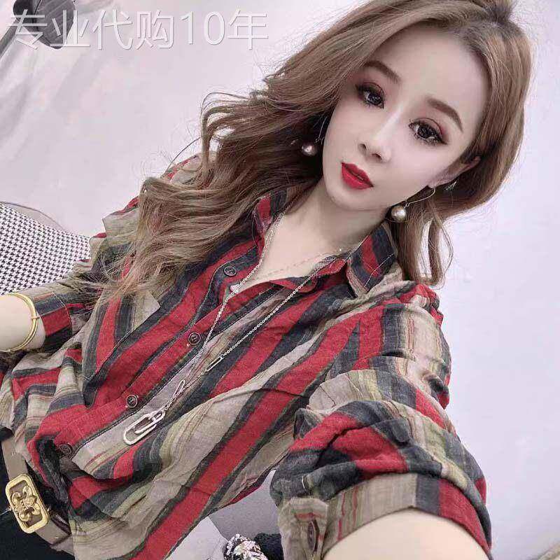 棉麻衬衫女士夏季欧货防晒衬衫薄款条纹亚麻polo翻领长袖上衣大尺