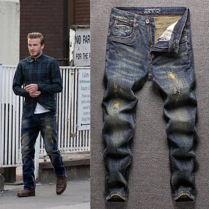 香港潮牌明星同款破洞牛仔裤男修身小脚深色复古做旧弹力直筒长裤