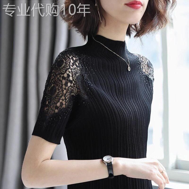 半高领冰丝针织短袖t恤女夏季2026新款勾花镂空薄款显瘦打底上衣