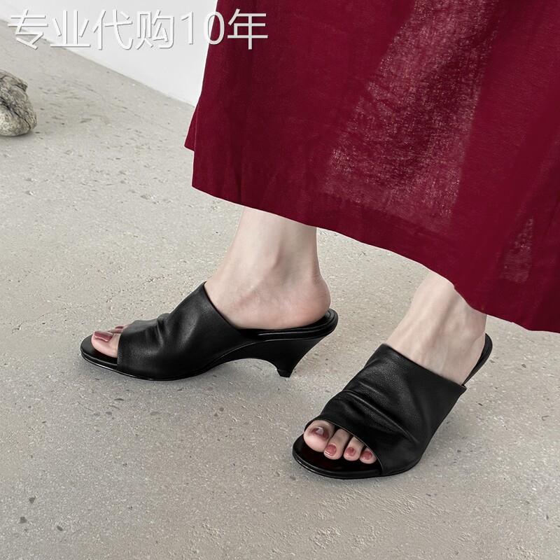 千金日常~慵懒简约风露趾凉拖鞋外穿坡跟高跟鞋显瘦夏天羊皮女鞋
