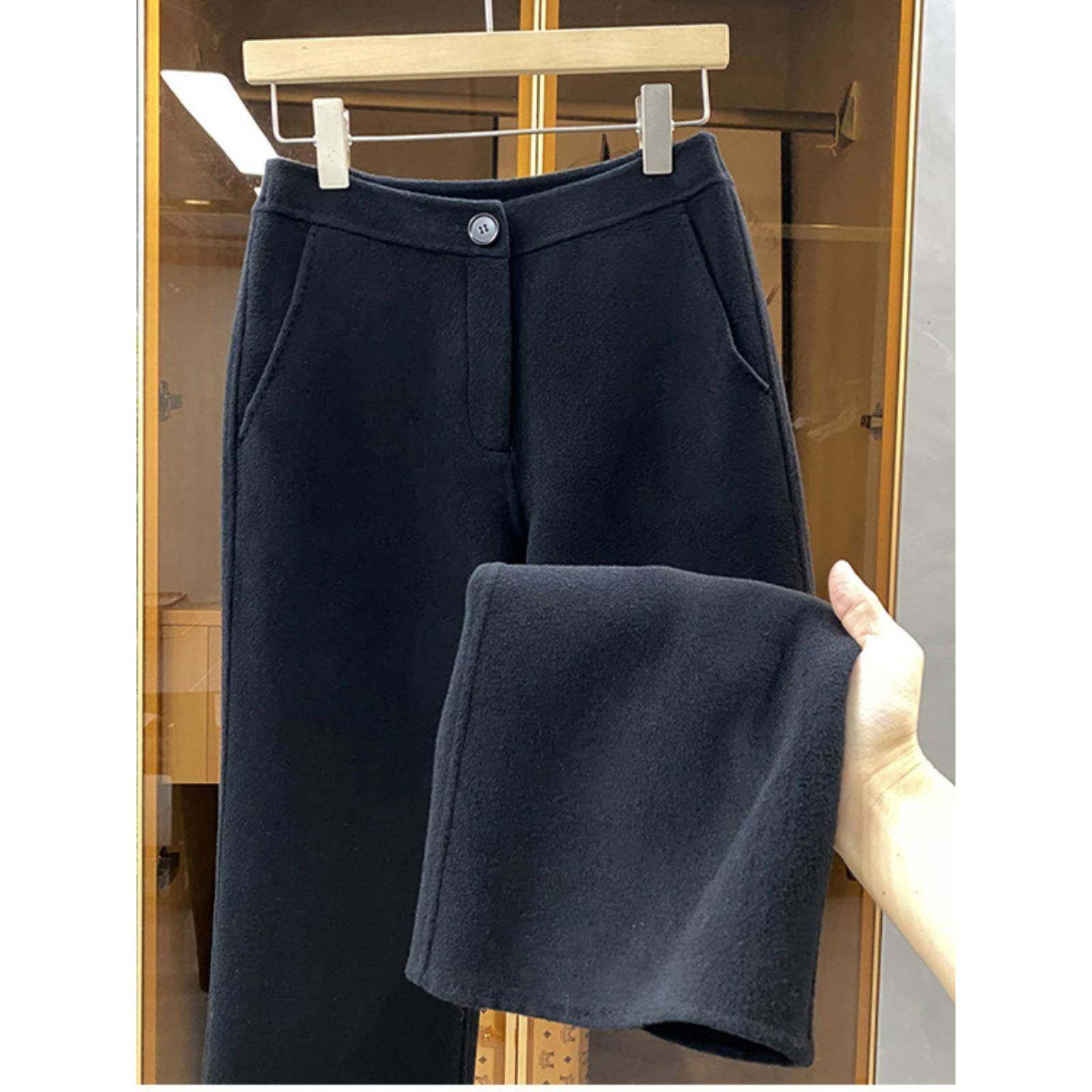 韩国双面羊毛呢高腰阔腿裤女秋冬季保暖羊绒加绒加厚黑色休闲裤子