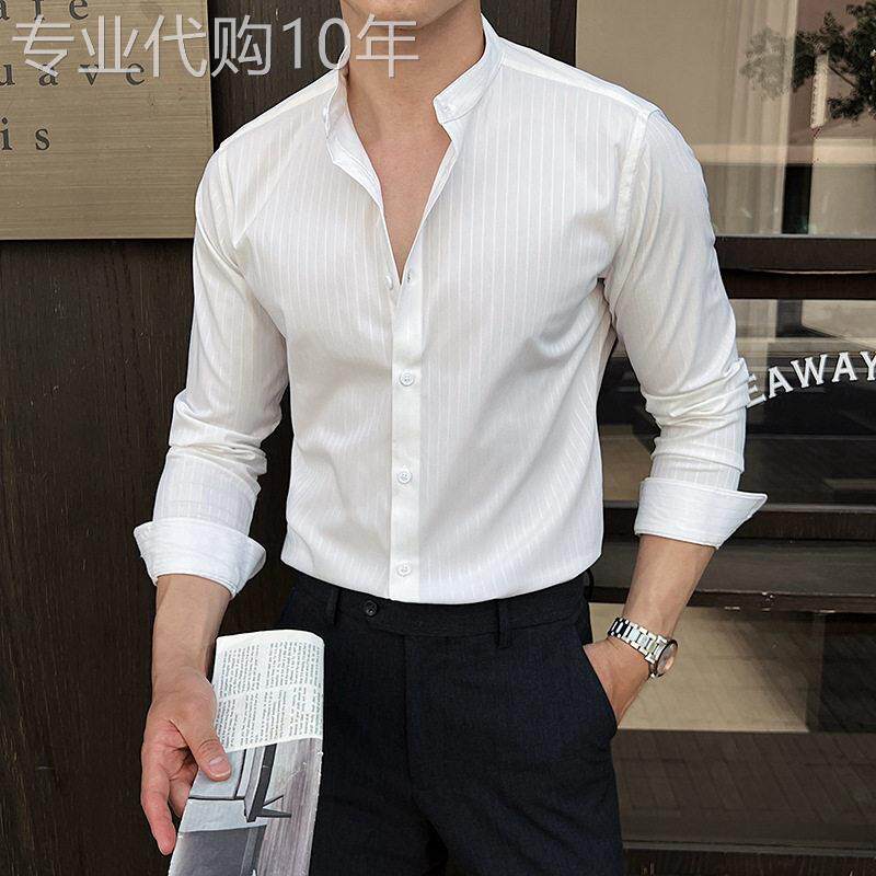 新中式立领条纹衬衫男长袖夏季新款商务休闲潮流百搭帅气修身衬衫