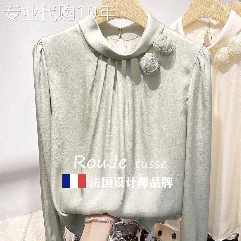 法式Rouje tusse气质显瘦立领花朵纯色套头长袖雪纺衫女春季衬衫