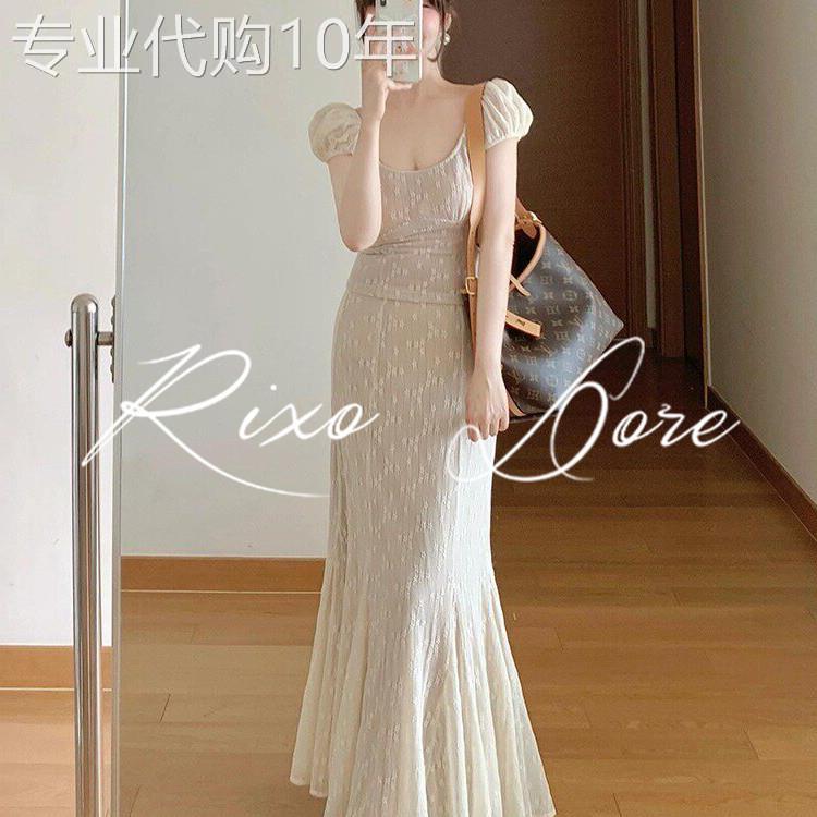 RIXO DORE法式温柔套装女蕾丝提花u领气质上衣显瘦鱼尾长裙两件套