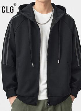 香港CLG潮牌春秋季拉链开衫卫衣男连帽宽松美式黑色外套带帽上衣