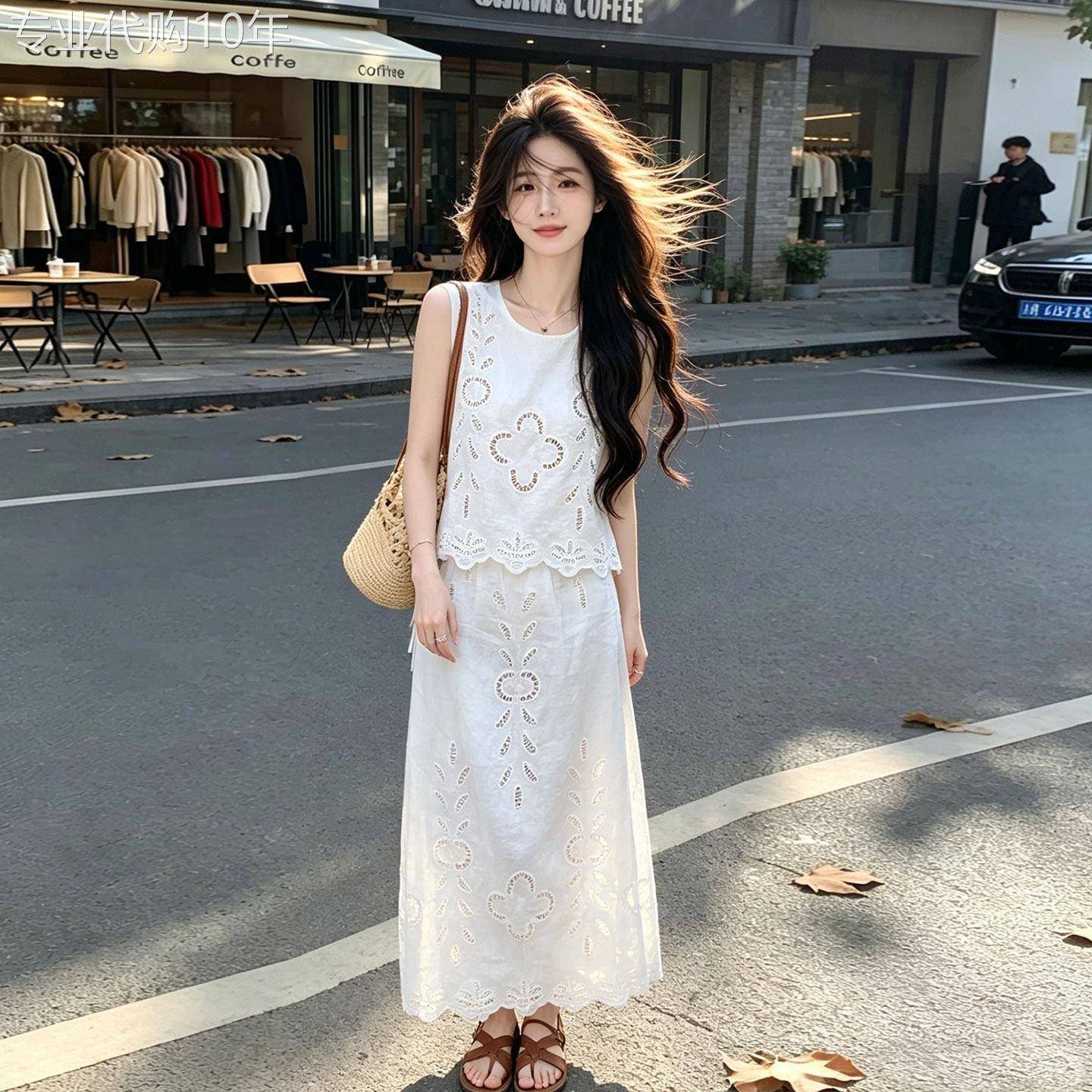 套装女夏季2026新款海边度假法式初恋时尚无袖背心上衣裙子两件套图片