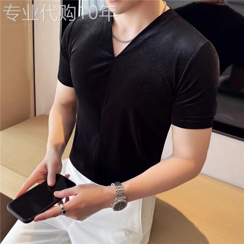 LL男装V领短袖t恤男新款轻薄弹力衣服夏季高级感痞帅金丝绒打底衫