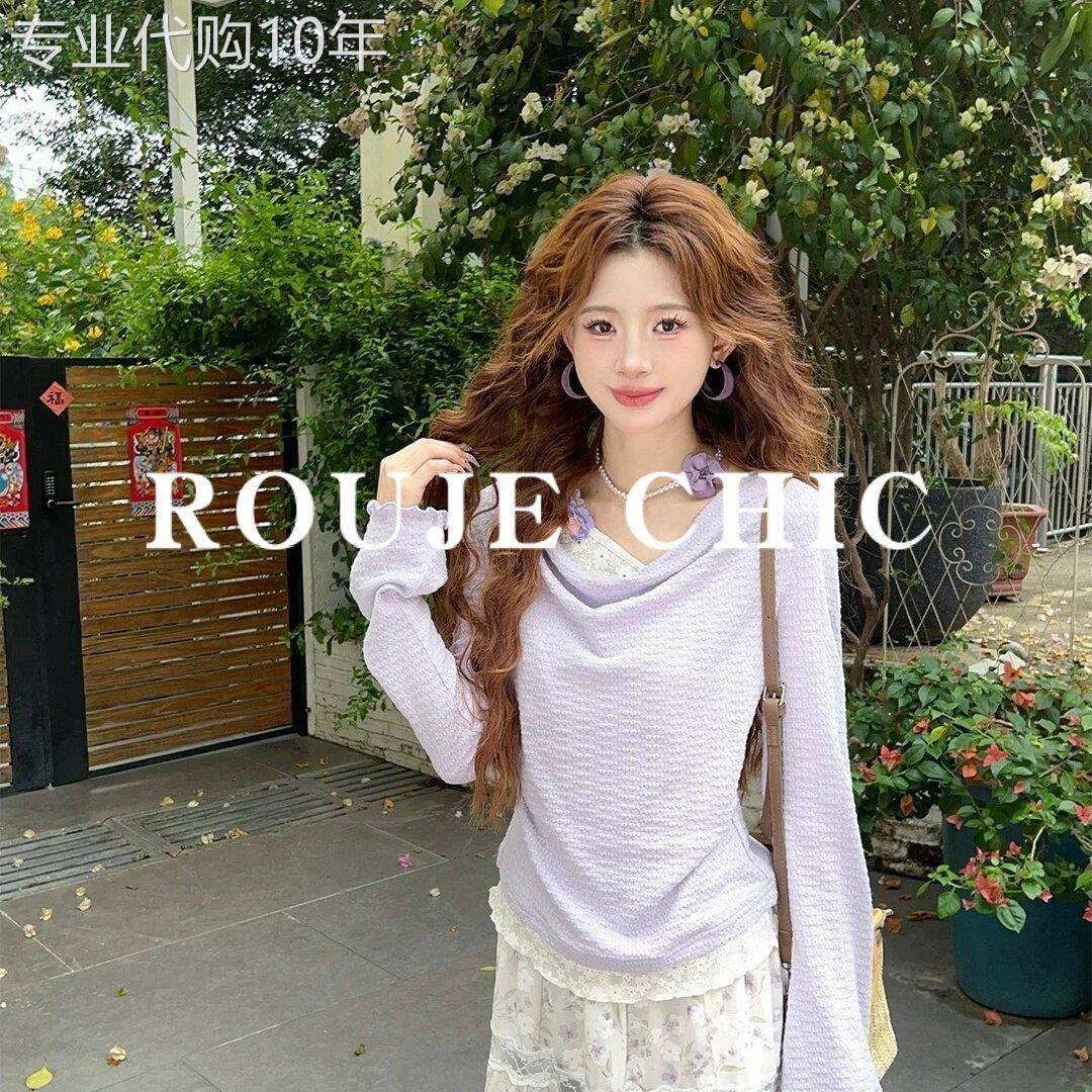 法国rouje chic假两件紫色蕾丝拼接长袖T恤女春季设计感收腰上衣