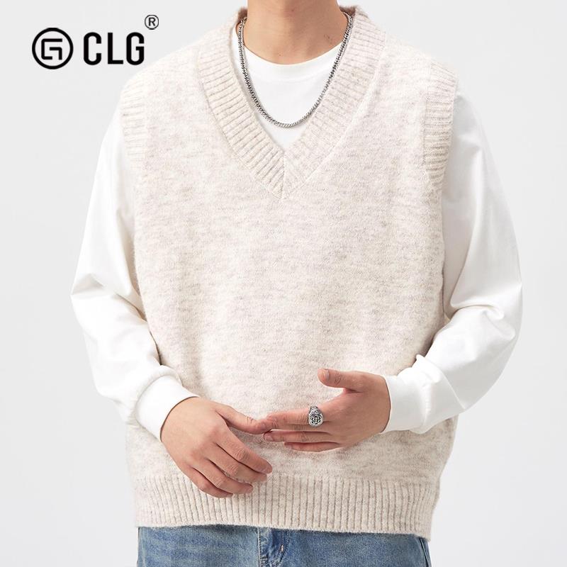 香港CLG潮牌春秋季羊毛混纺无袖针织毛衣V领宽松美式打底马甲上衣