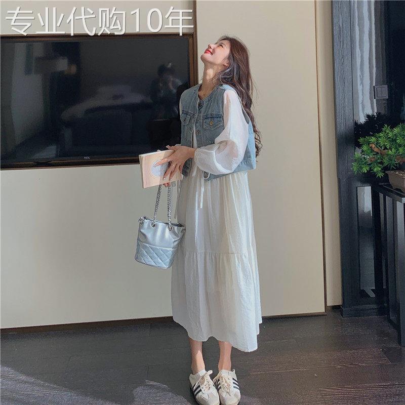 温柔风初恋设计感白色牛仔马甲洋装小清新2026新款春秋女两件套