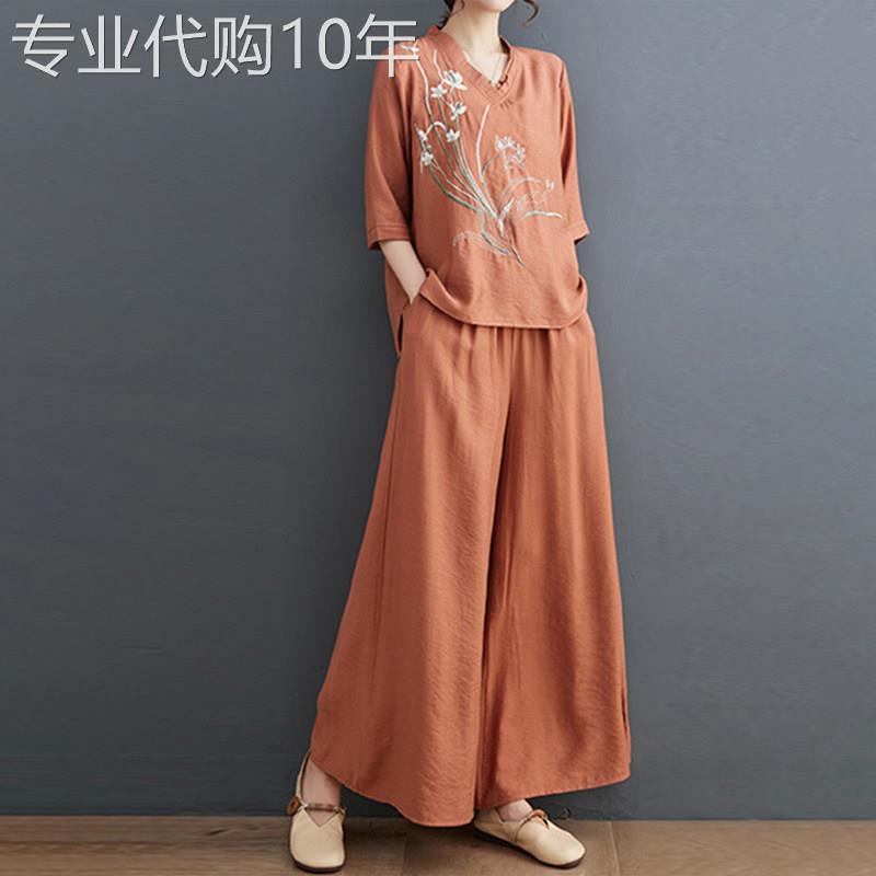 潮牌国风刺绣苎麻七分袖上衣棉麻宽裤两件套2026夏季妈妈套装潮
