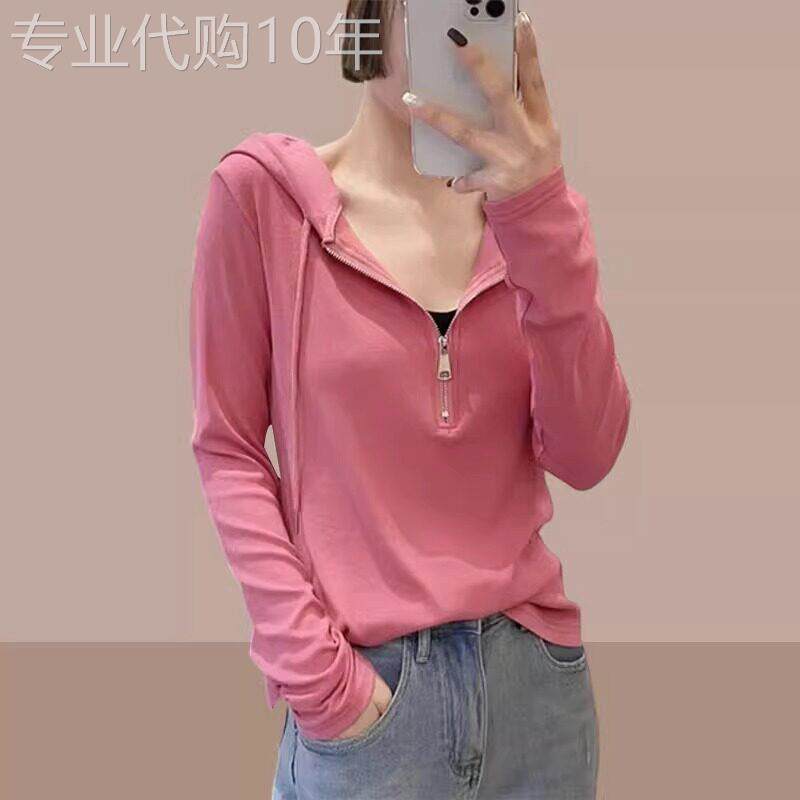 连帽短款长袖T恤女士2025春秋新款小个子打底衫时尚洋派减龄上衣