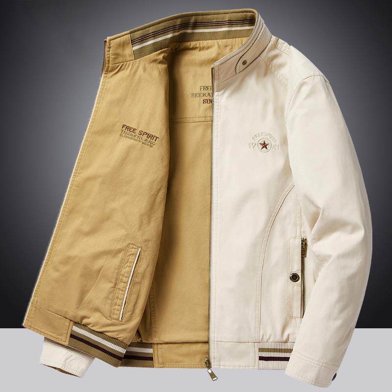 纯棉夹克外套男春秋季立领薄款中年商务休闲大码宽松双面穿爸爸装