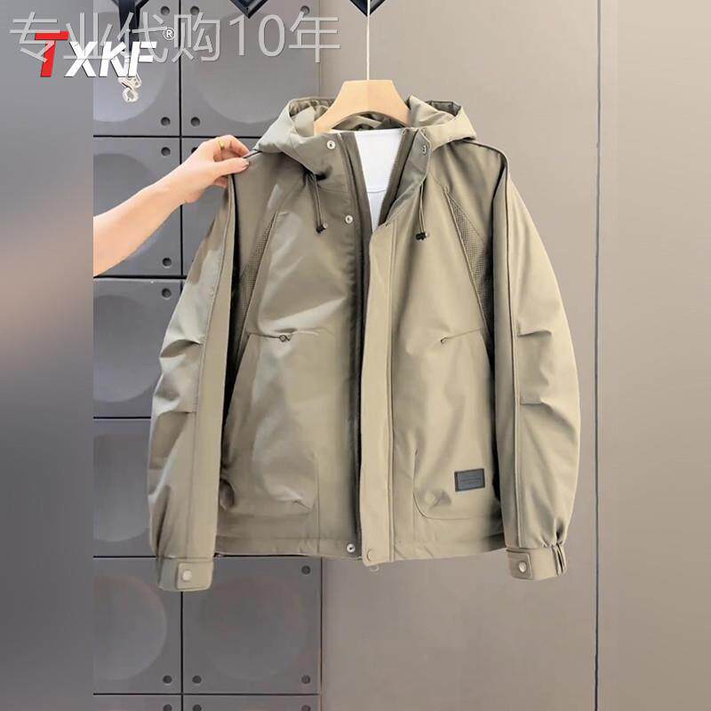潮牌连帽冲锋衣外套男士2025新款秋冬季加厚保暖工装夹克棉服男款