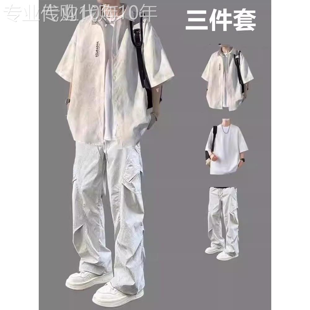 冰丝休闲套装男士夏季新潮短袖衬衫直筒工装裤青少年帅气三件套