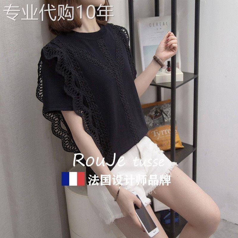 法国Rouje tusse大尺码女装夏洋派宽松冰丝短袖T恤胖mm蕾丝针织上