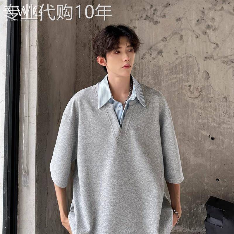 假两件衬衫领短袖T恤男潮牌夏季新款美式设计感宽松七分袖上衣服