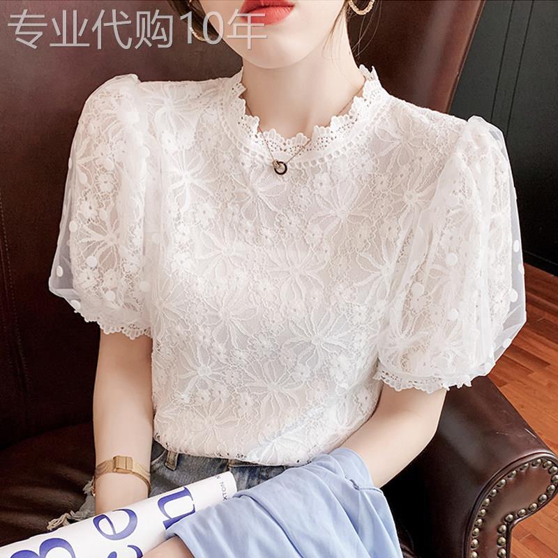 白色雪纺衫女短袖夏季2026新款韩版宽松洋气小衫t恤短款蕾丝上衣