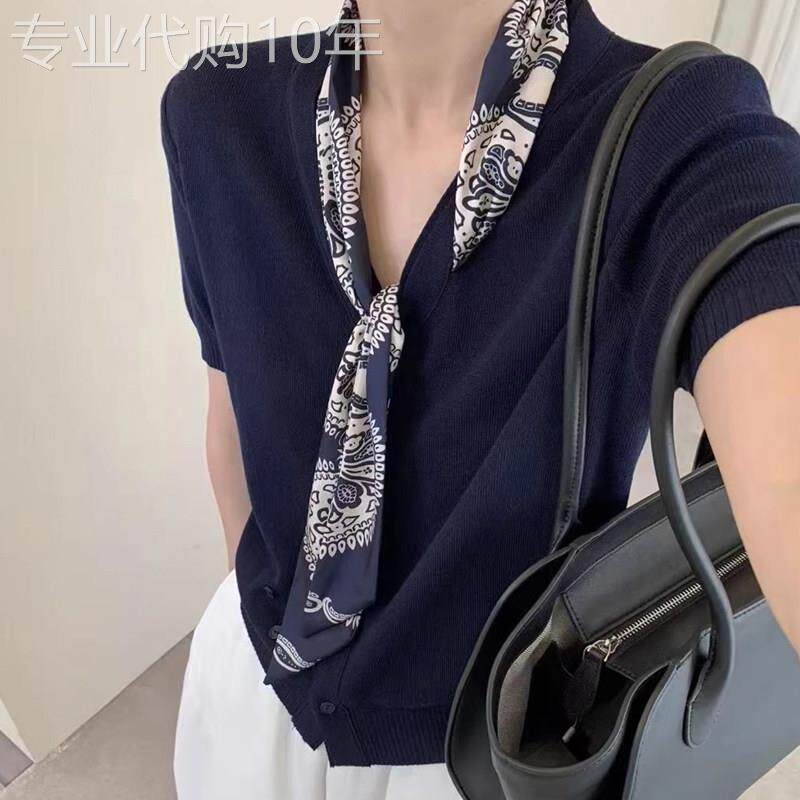 名媛风V领丝巾系带短袖T恤女夏季欧货洋派减龄藏青色针织开衫上衣