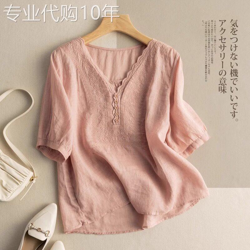 亚麻短袖衬衫女夏季薄款2026新款蕾丝花边宽松显瘦大码V领短上衣