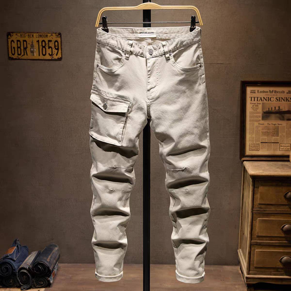 高端潮牌墨绿个性牛仔裤男美式多口袋拼接秋冬小脚宽松印花休闲裤