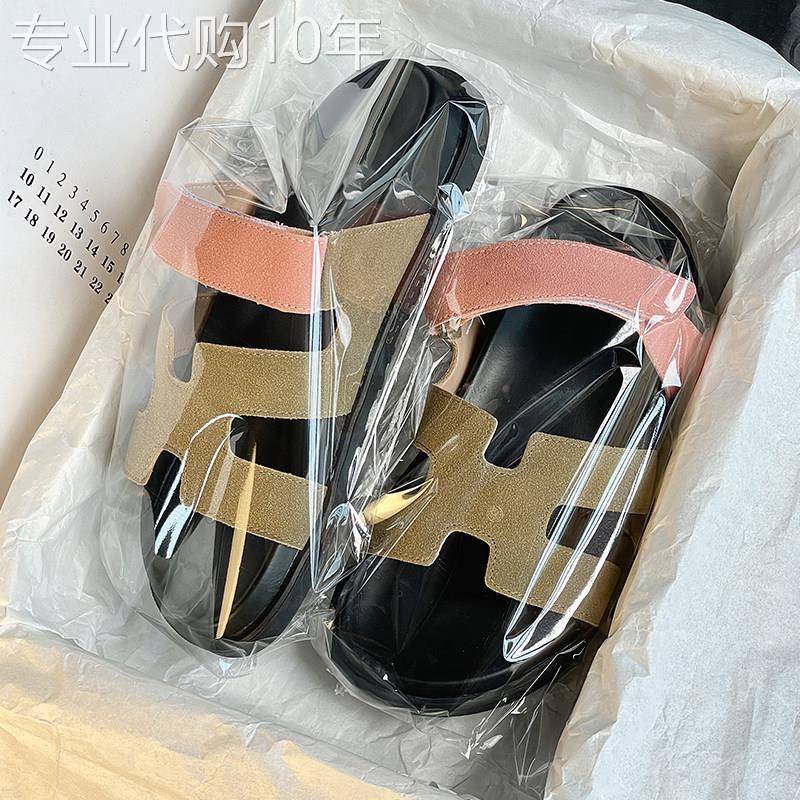 厚底二舅拖鞋女秋季外穿2025新款真皮魔术贴一字带增高休闲凉拖鞋