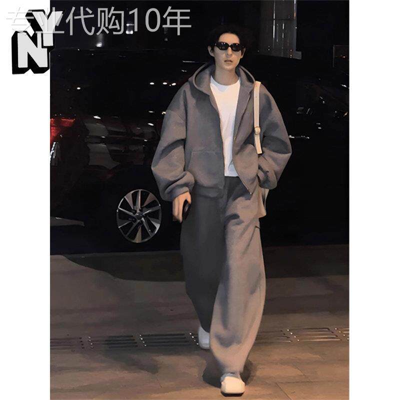 NY轻奢灰色开衫连帽运动衫套装男士2025秋冬季卫裤外套休闲运动一