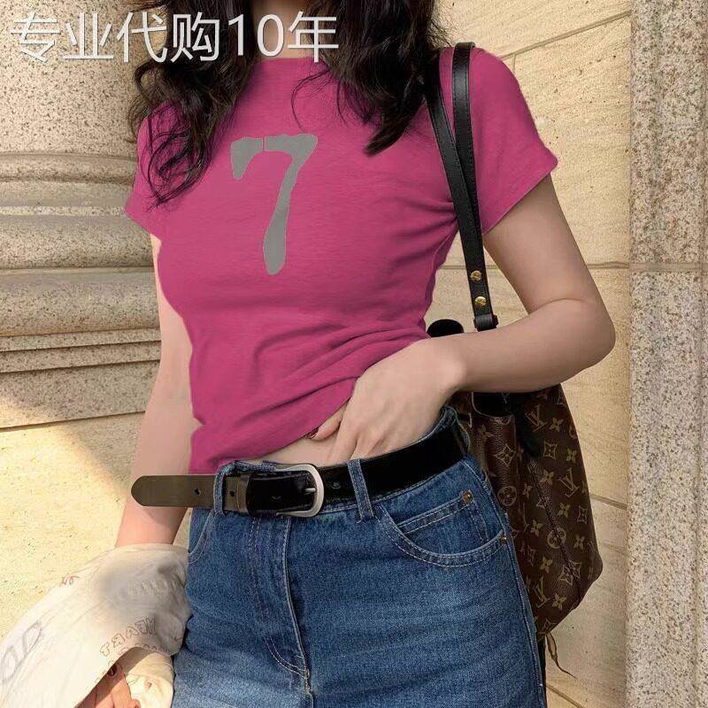 火龙果色短袖T恤女夏新款字母印花修身体恤美式复古正肩辣妹上衣