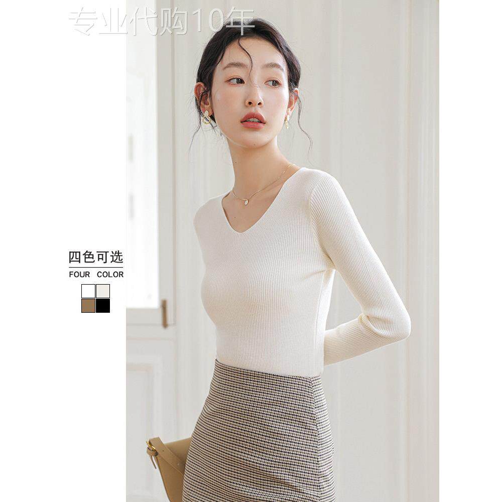 白色针织打底衫女春秋内搭2025新款百搭修身显瘦v领毛衣洋气上衣