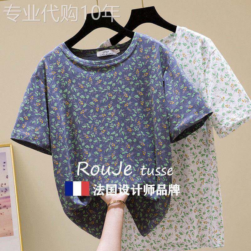 法国Rouje tusse宽松纯棉圆领T恤夏季大尺码女装休闲 短袖碎花打