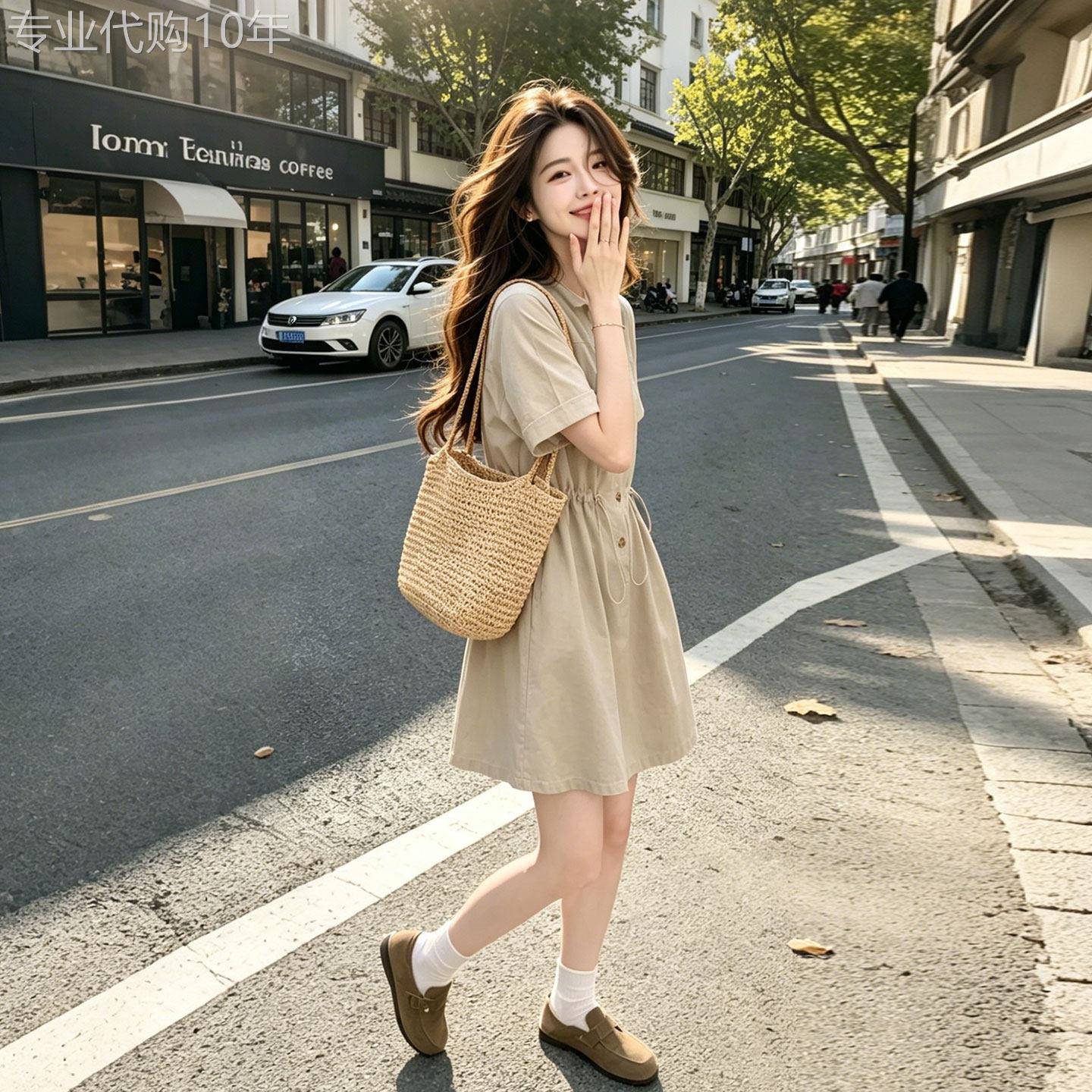 洋装女夏2026新款工装收腰直筒小个子设计感文艺韩系气质衬衫裙