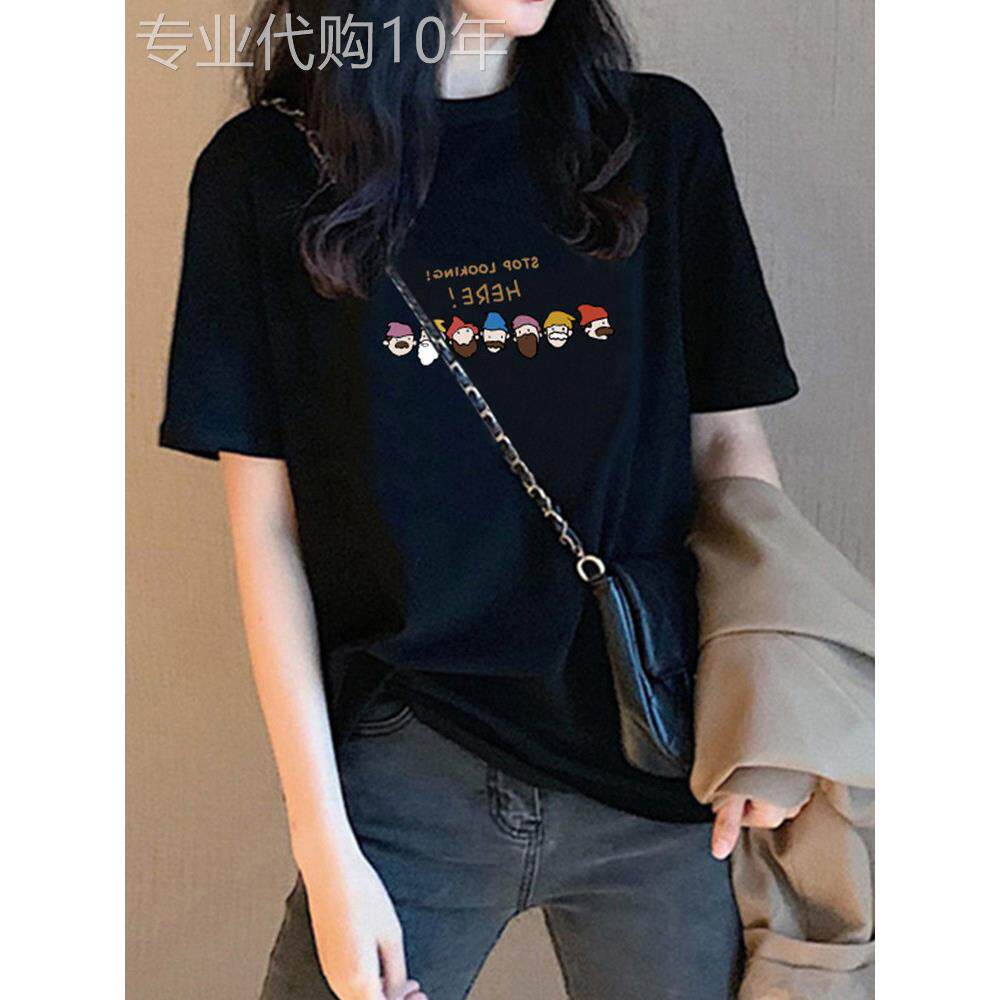 黑色印花短袖T恤女2026夏季新款宽松大尺码圆领纯棉正肩T恤上衣潮
