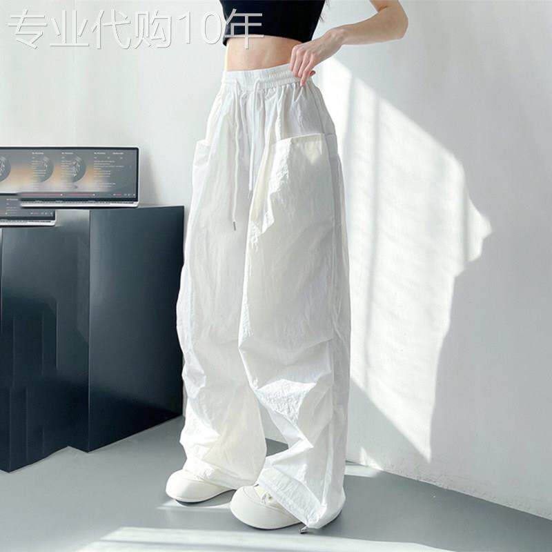 潮牌白色冰丝速干工装裤女夏季薄款宽松显瘦大尺码胖mm休闲宽裤子