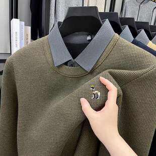 代购商务可外穿秋冬款内搭假两件加绒加厚翻领舒适保暖打底衫男士