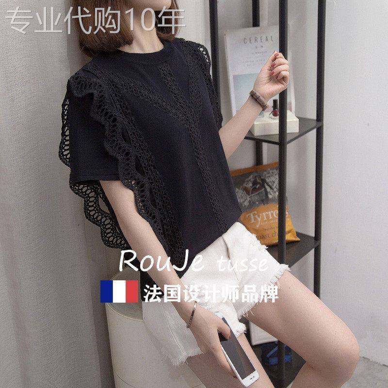 法国Rouje tusse大尺码女装夏洋派宽松冰丝短袖T恤胖mm蕾丝针织上